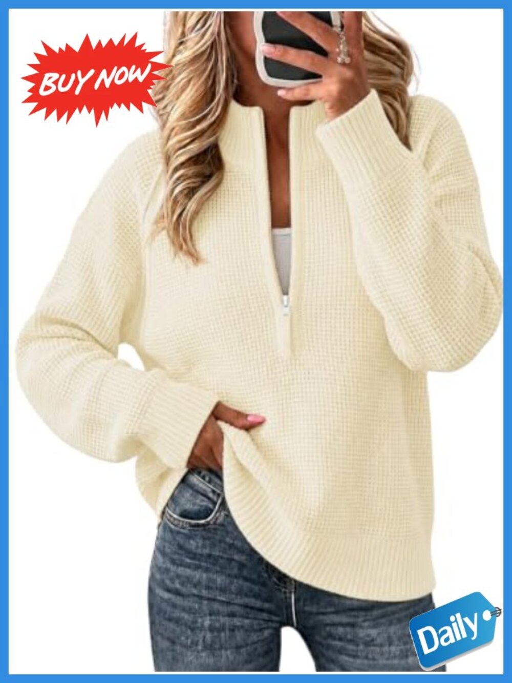Womens Quarter Zip Pullover Sweater Waffle Knit Long Sleeve Top